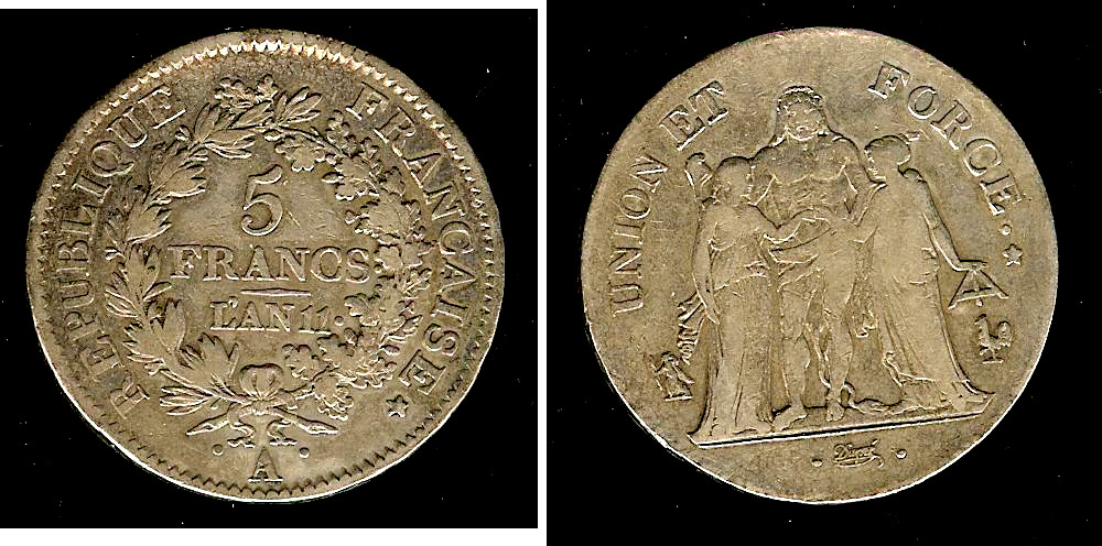 5 francs Union et Force, Union serré 1803 Paris TB+ à TTB